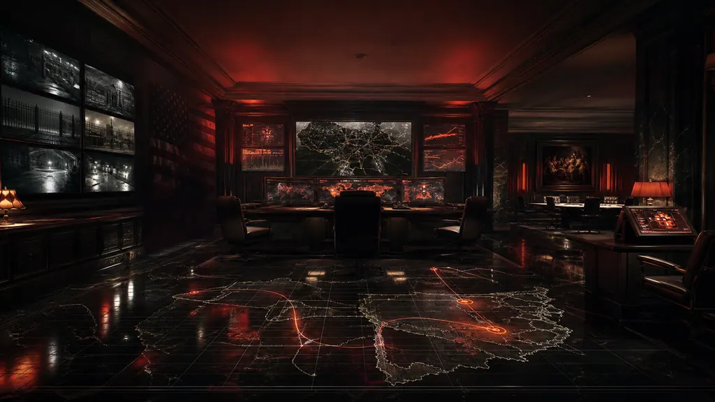 A surveillance control room filled with monitors and evidence feeds.