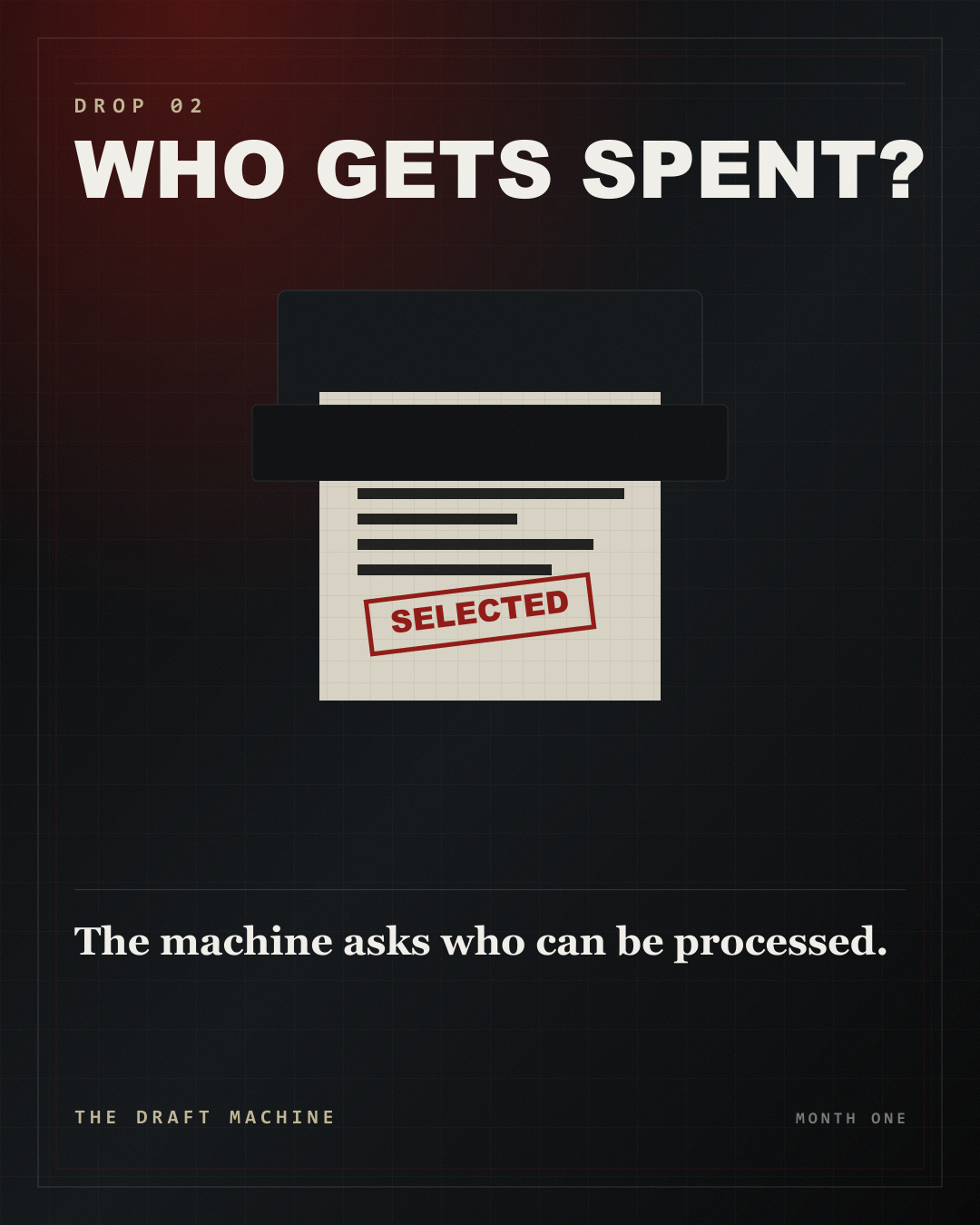 A government form emerging from a machine with the word selected stamped in red.