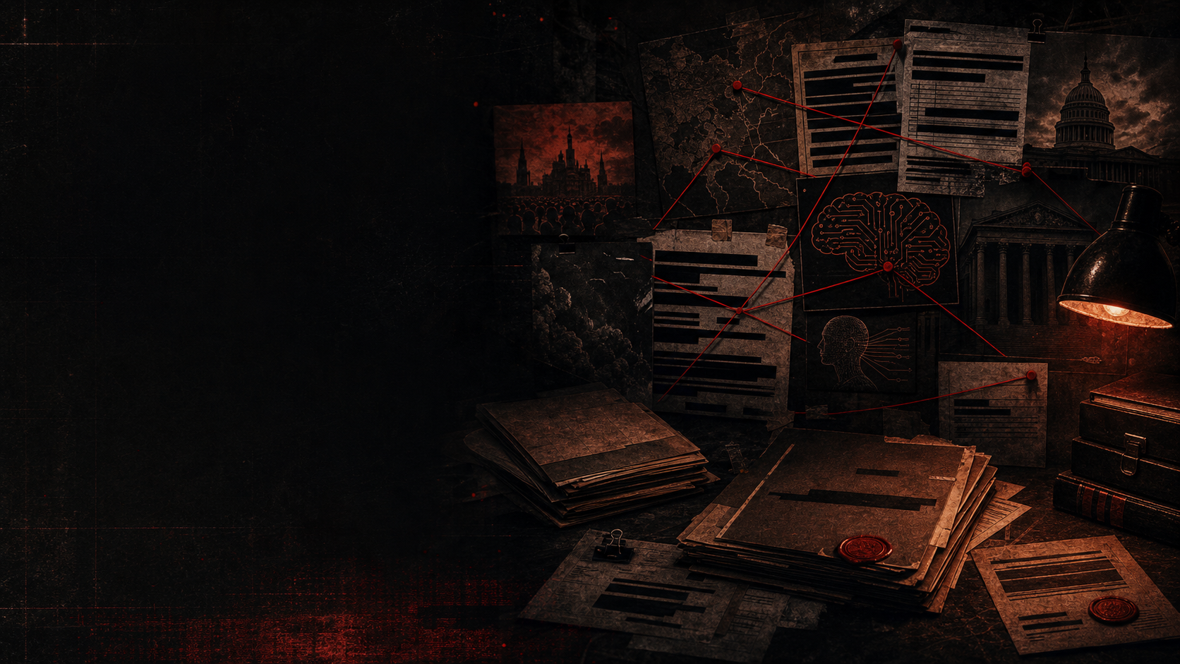 A dark investigation desk with files, red string, memory diagrams, and institutional silhouettes.