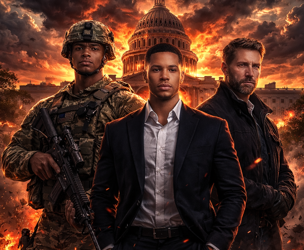 Darnell, Javon, and Alec standing before the Capitol under a fire lit sky.