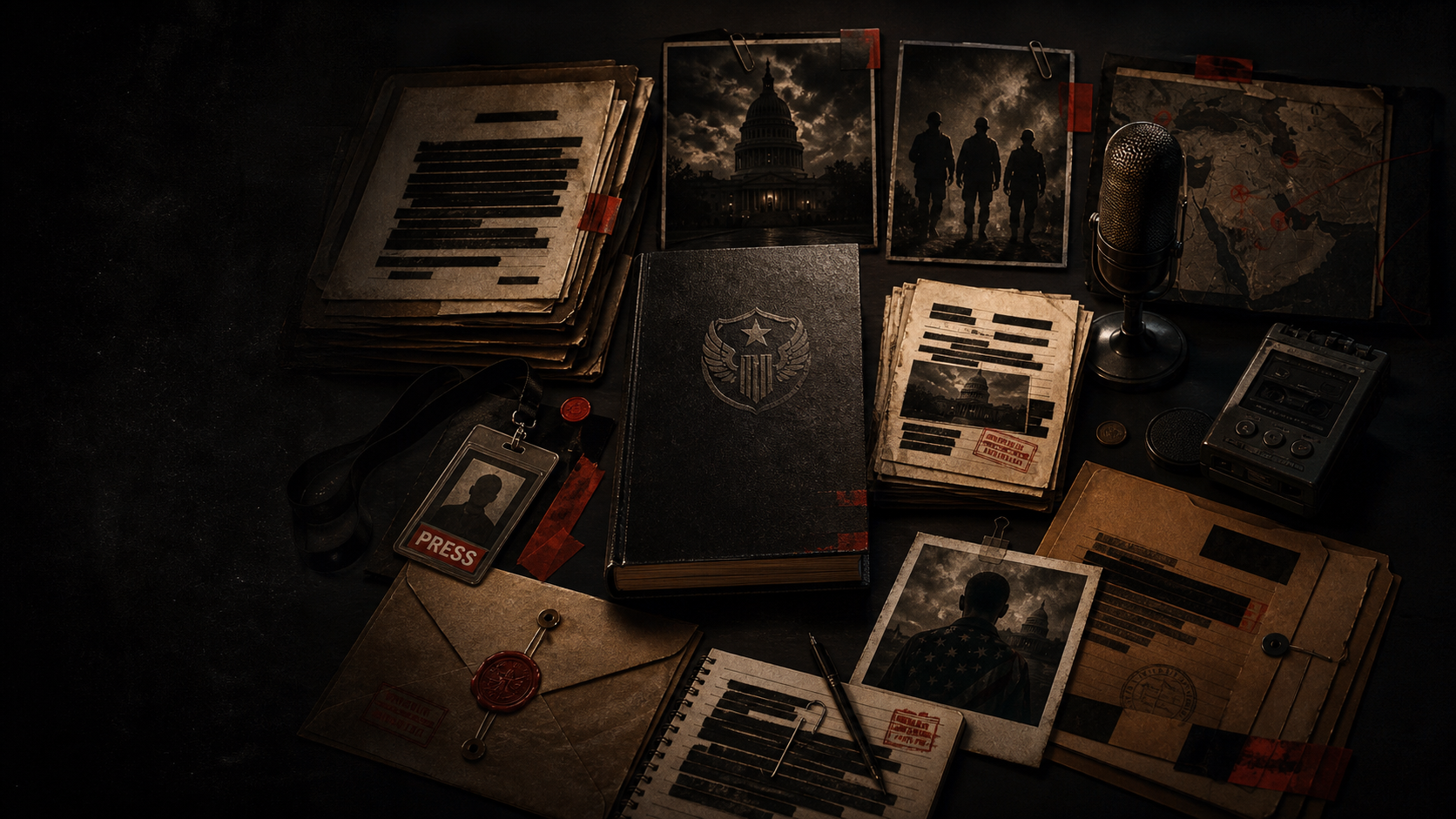 A dark press kit desk with redacted files, a microphone, manuscript pages, and sealed envelopes.