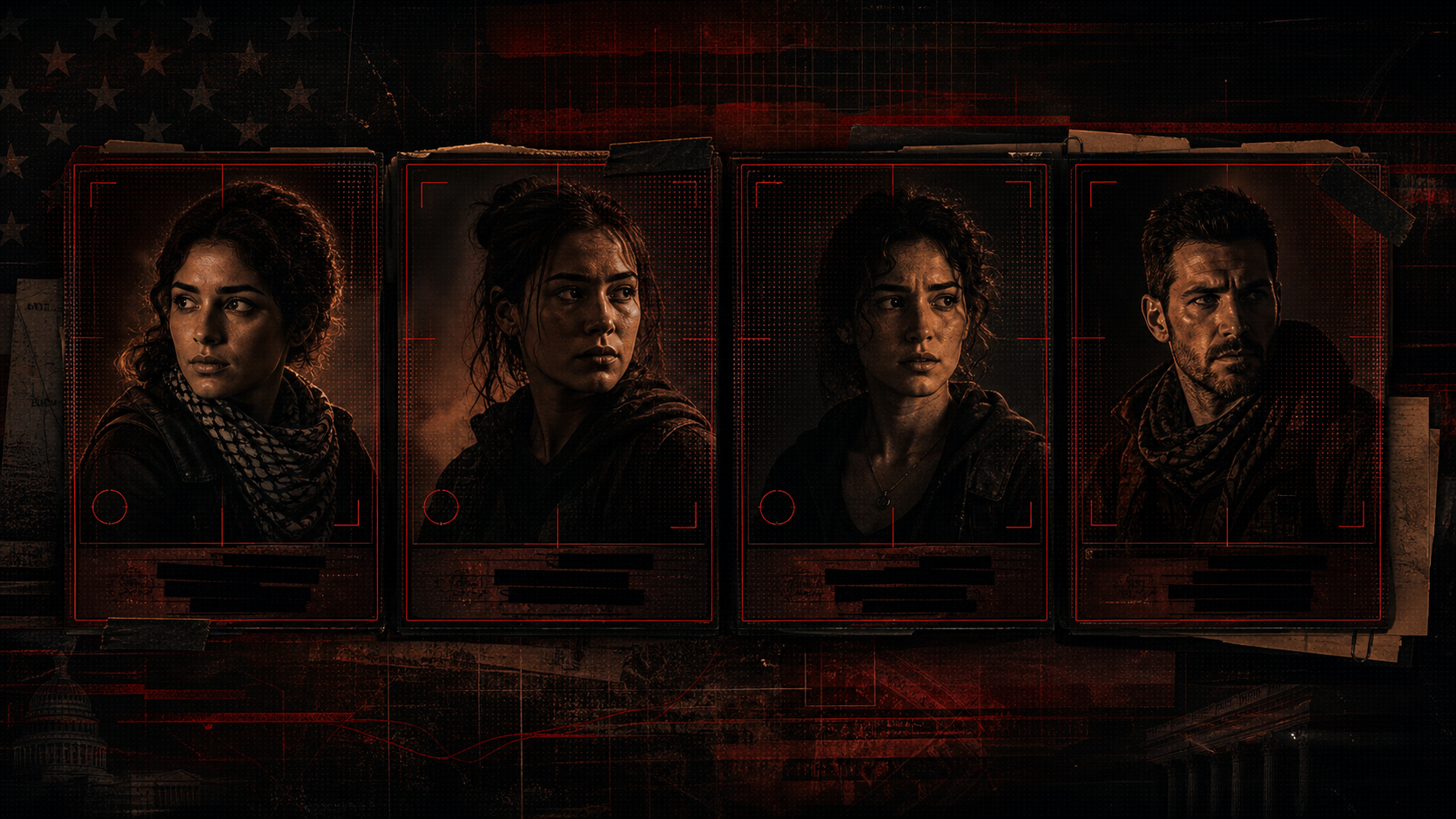 Four fictional supporting characters shown as classified dossier portraits.